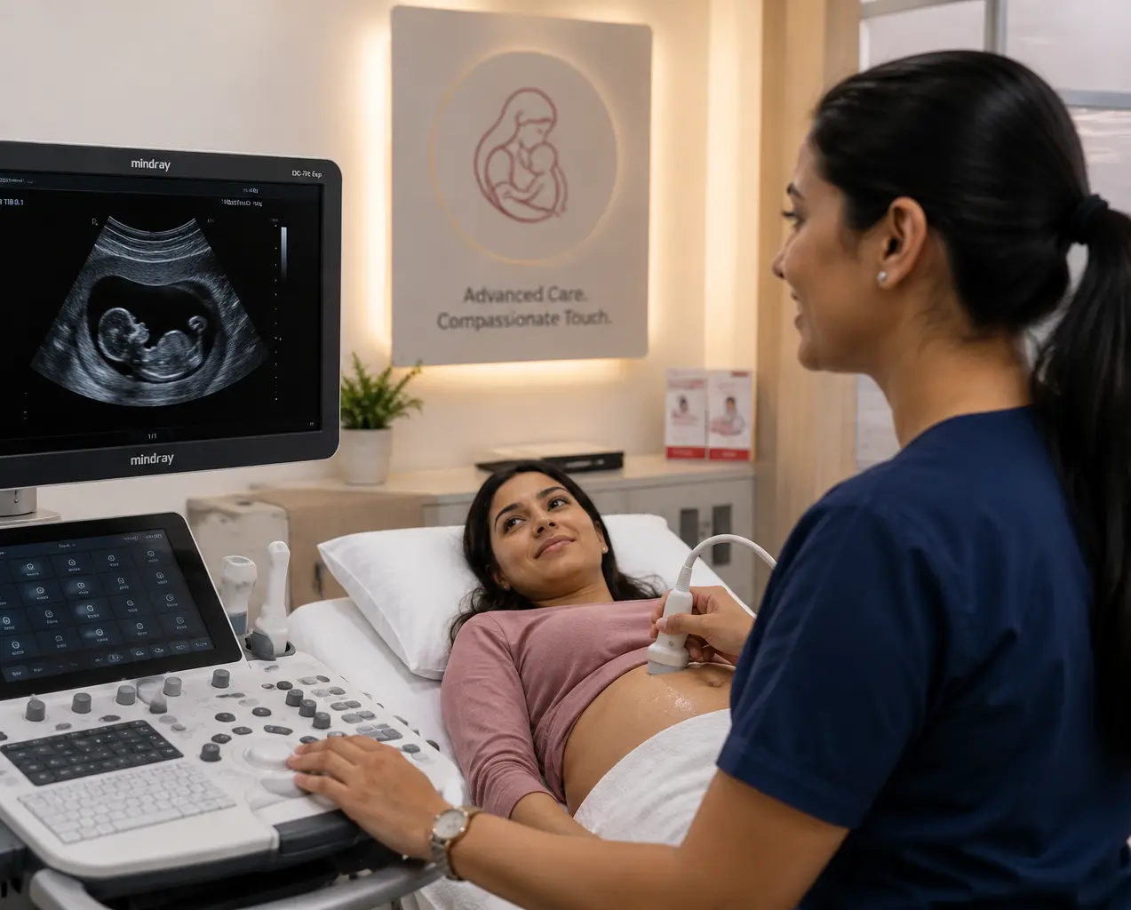 Sonographer performing a pregnancy ultrasound scan at Divine Women's Hospital