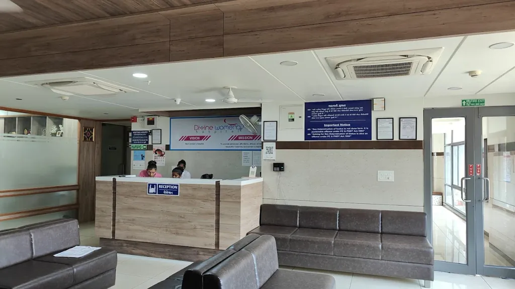 Reception counter and waiting area at Divine Women's Hospital, Ahmedabad